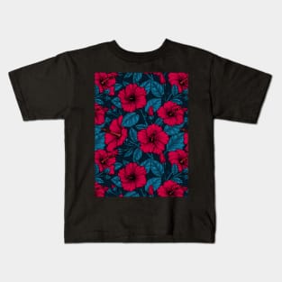 Red hibiscus flowers on dark blue Kids T-Shirt